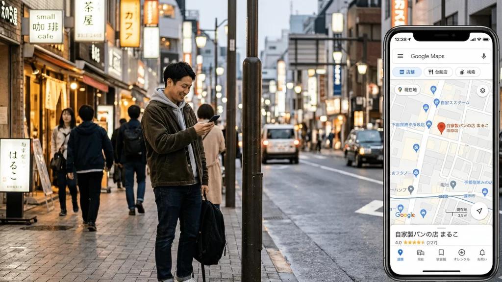 夜の飲食店街で男性がスマホのGoogleマップを使って「自家製パンの店 まるこ」を検索している様子。